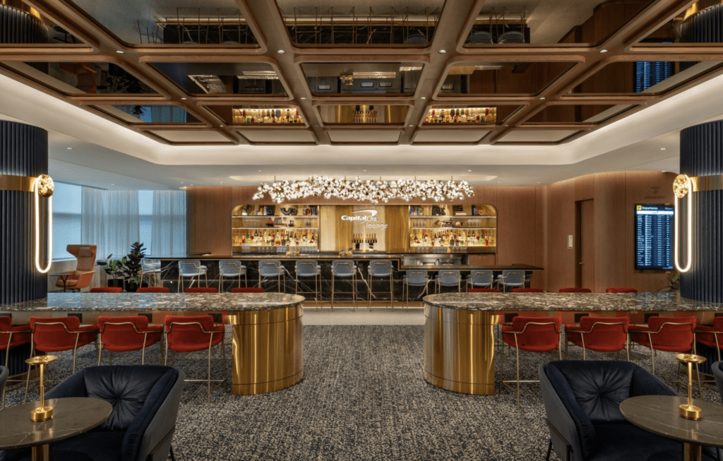 a room with a bar and chairs